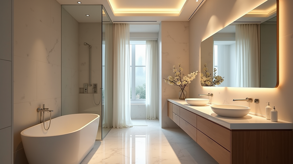 Eye-level view of a newly remodeled bathroom featuring elegant lighting