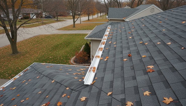 High-angle view of clean gutters beside an asphalt roof in fall.