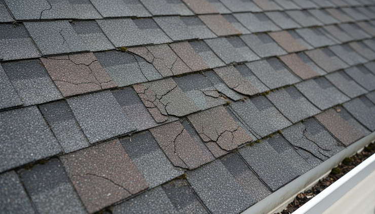 Eye-level view of damaged asphalt shingles after winter weather