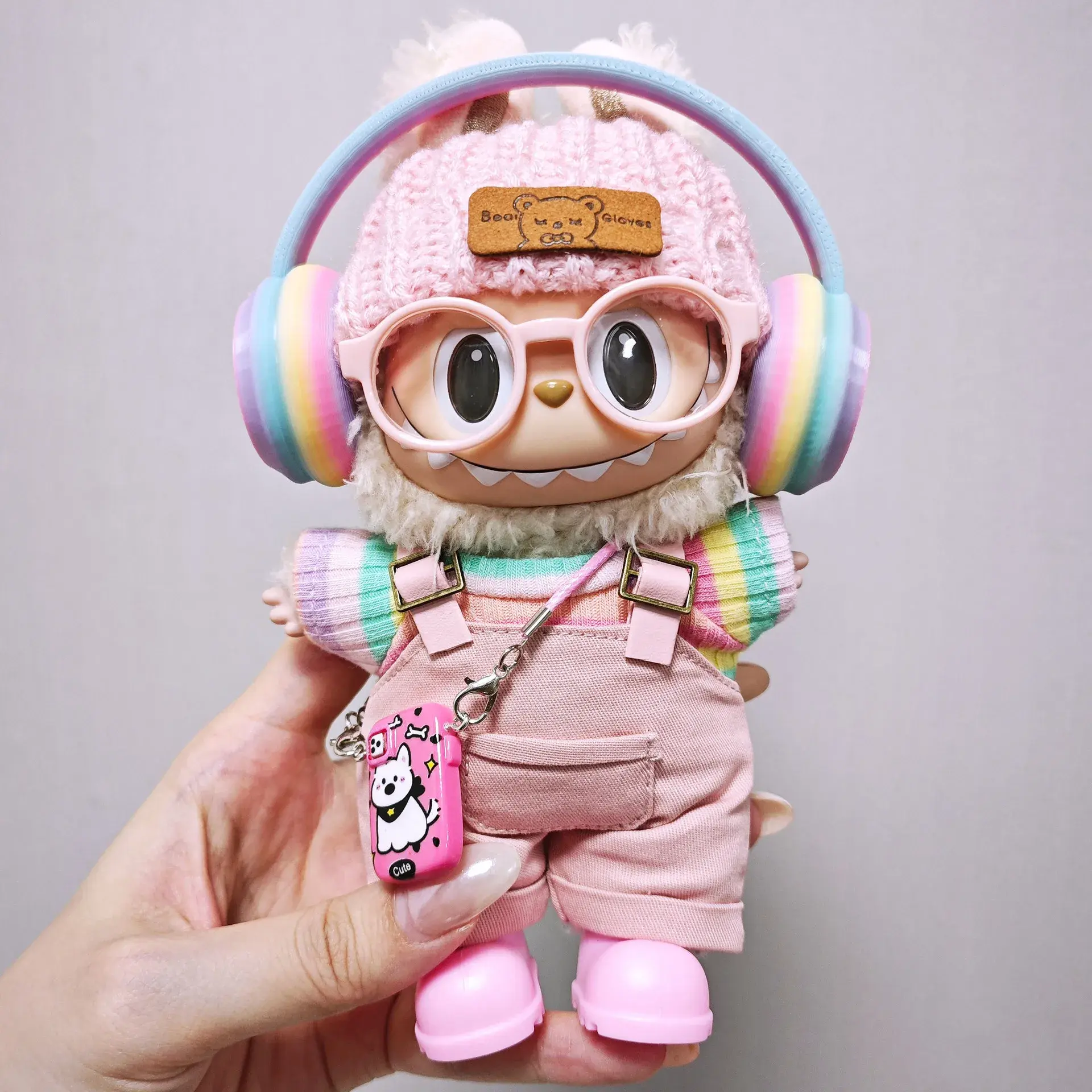 Labubu Clothes Pink Overalls, Colorful Headphone Sets, Rainbow