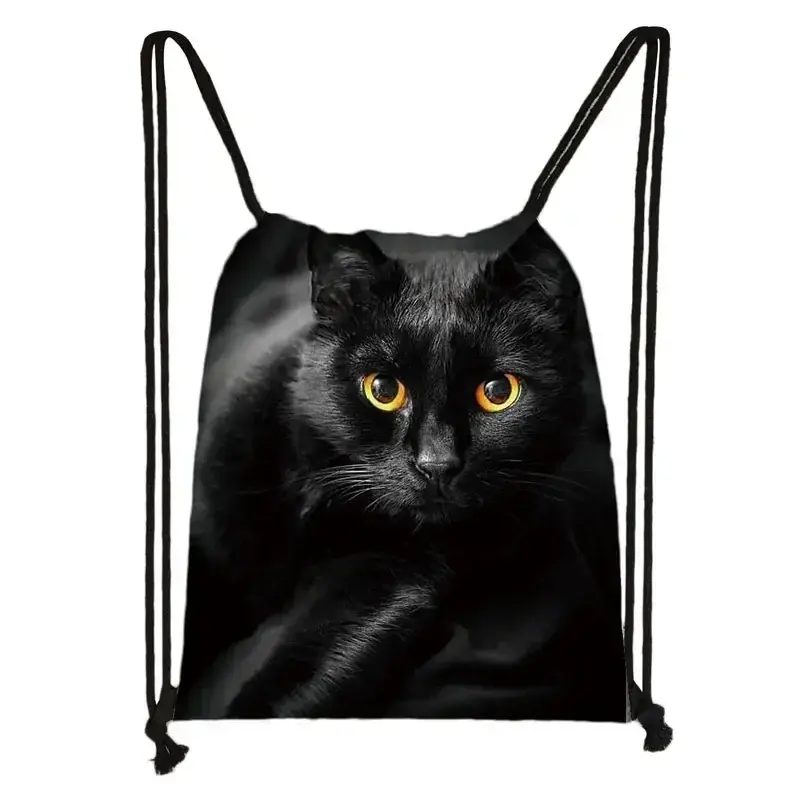 Thumbnail: Cute  Black Cat Drawstring Bag Women Shopping Bags Canvas