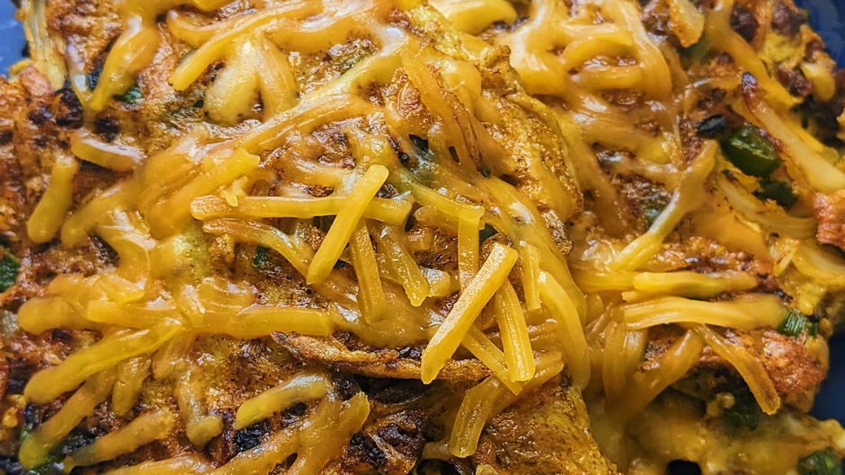Brunch Favorite: Cheddar, "Chorizo", Curry, and Jalapeño Eggs.