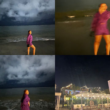 A collage of photos of Chioma at the beach wearing a purple two piece at Landmark beach in Lagos