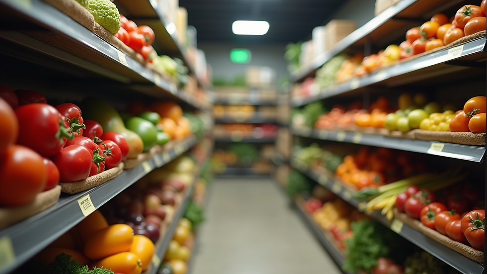 Close-up view of food pantry shelves stocked with fresh produce
