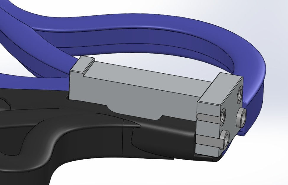 CAD rendering of a neck pocket drill guide shown inserted in neck pocket