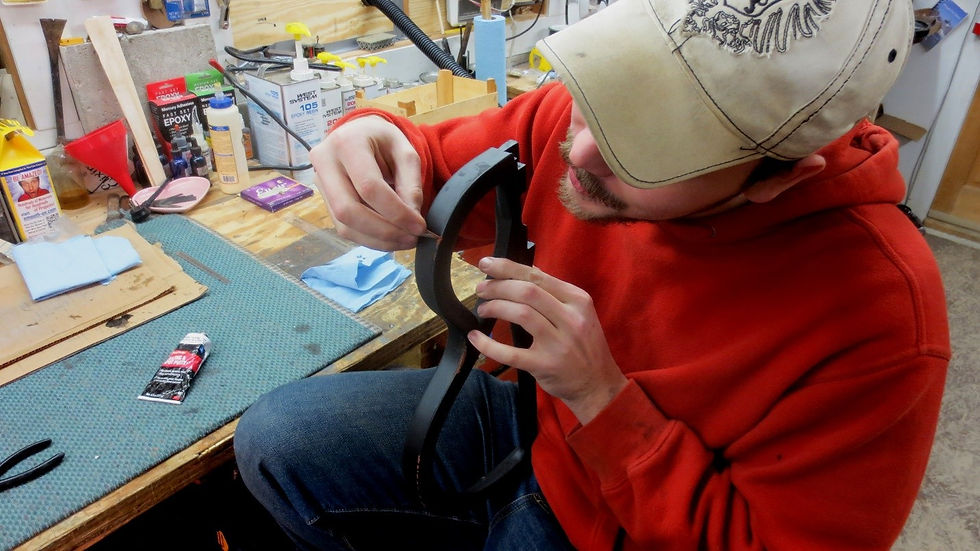 Jay Darrow putting the finishing touches on the bass frame of Ridgewing Serial #2