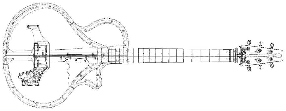Transparent wireframe rendering of an assembled Ridgewing guitar