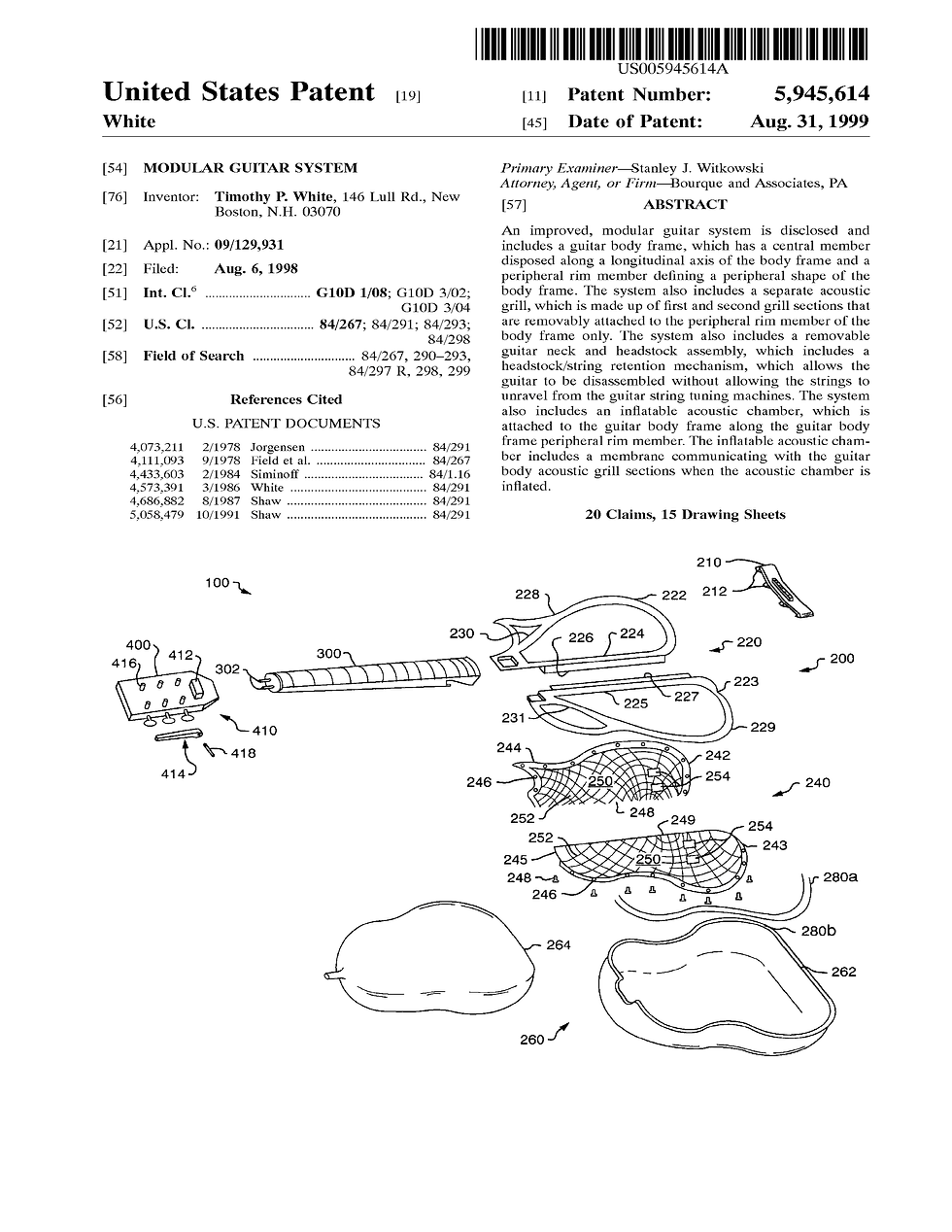 U.S. Patent 4,573,391 - Inflatable Knock-Down Guitar, March 4, 1986