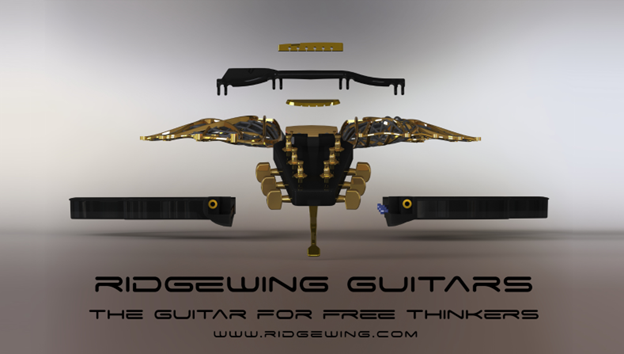 End-on exploded view of the Ridgewing guitar, resembling a Klingon warship