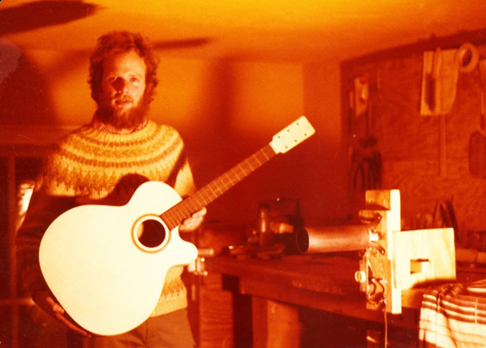 Tim White at guitar repair workshop, circa 1977