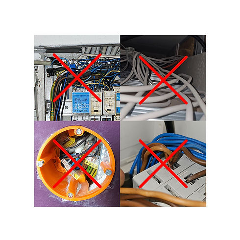 Vier Bilder, die jeweils eine rote X-Markierung haben, um schlechte elektrische Installationen zu kennzeichnen, darunter unordentliche Verkabelung in einem Schaltkasten, chaotisch verlegte Netzwerkkabel, unsachgemäß verdrahtete Kabel in einer Unterputzdose und beschädigte Kabelisolierung an einer Klemme.