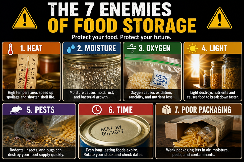 The seven enemies of food storage are heat, moisture, oxygen, lights, pests, time, and poor packaging.