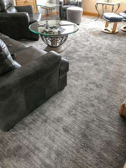 Gray area rug in living room.