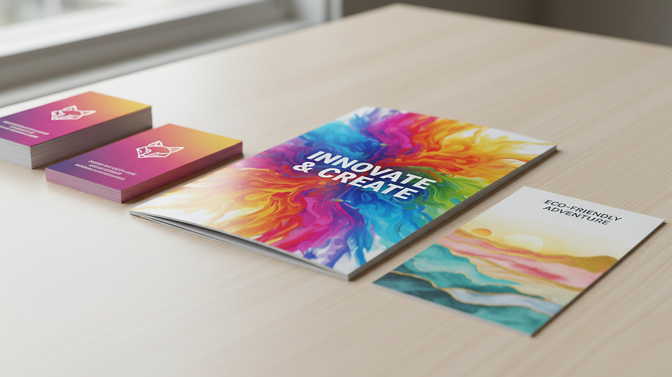 Close-up view of printed marketing materials with vibrant colours and sharp details