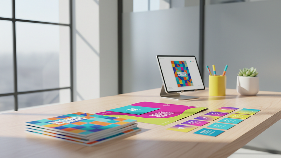Eye-level view of a modern office desk with printed marketing materials neatly arranged