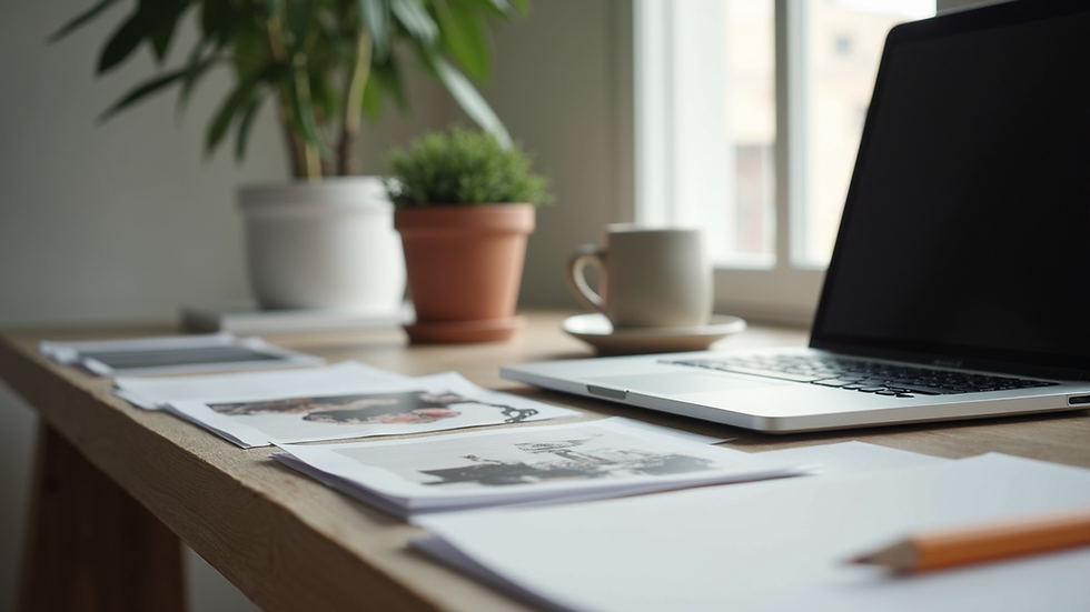Eye-level view of a designer’s workspace with print samples and a laptop