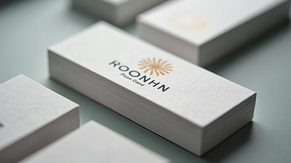 Close-up view of printed business cards with a custom logo design