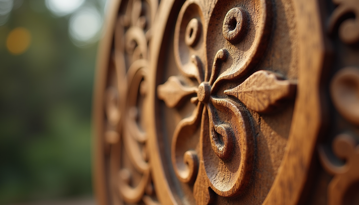 Eye-level view of a handcrafted wooden emblem featuring traditional folk motifs