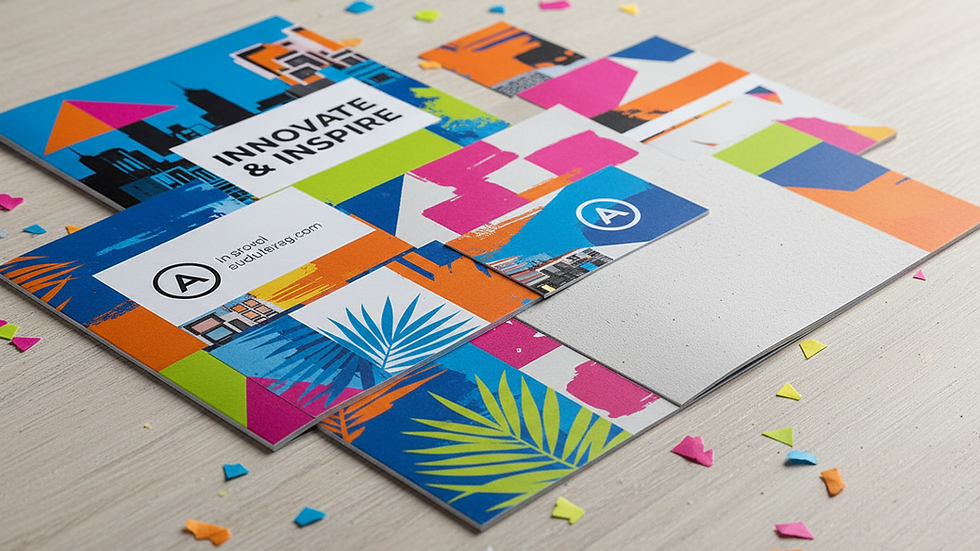 Close-up view of printed marketing materials with vibrant colours and textures