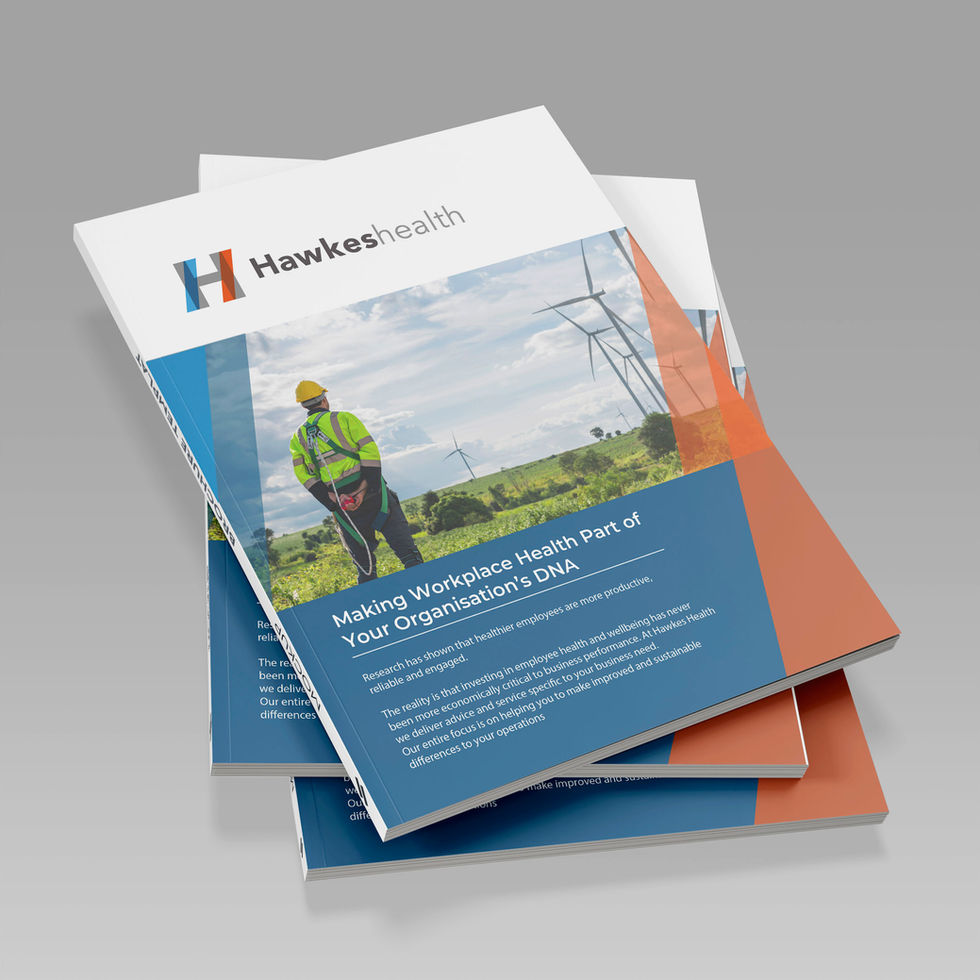 Brochure stack with text and image, brochures on a gray background