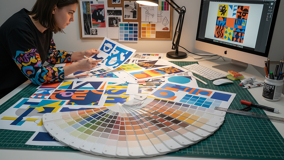 Eye-level view of a designer working on print layouts with colour swatches