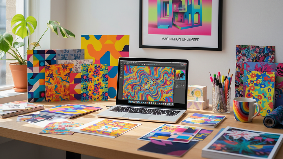 Eye-level view of a designer’s workspace with a laptop and print samples