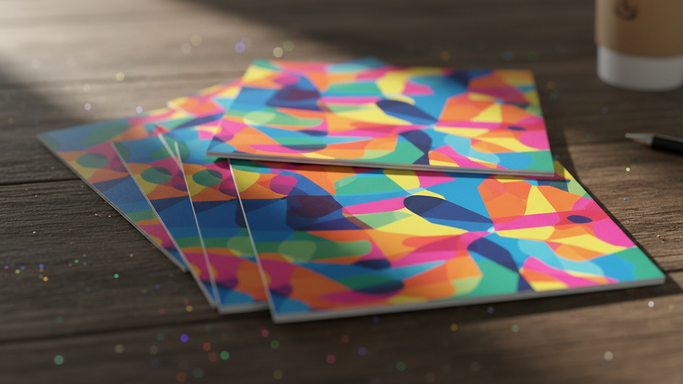 Close-up view of printed brochures with vibrant colours on a wooden table