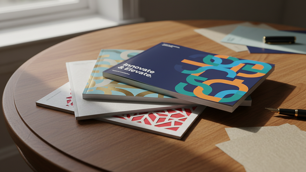 Close-up view of printed brochures with elegant finishes on a wooden table