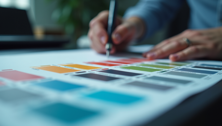 Close-up view of a colour calibration device measuring printed colour swatches