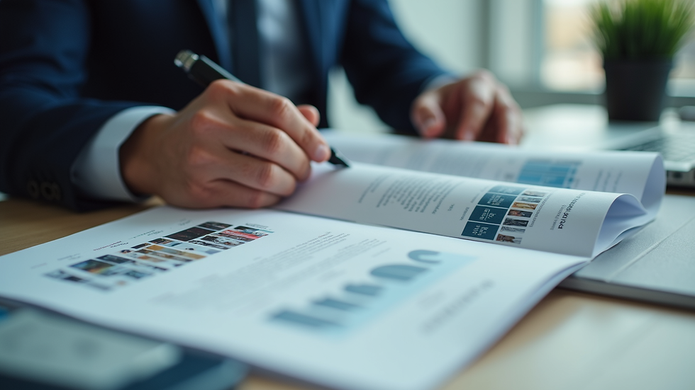 Eye-level view of a professional reviewing printed brochures on a desk