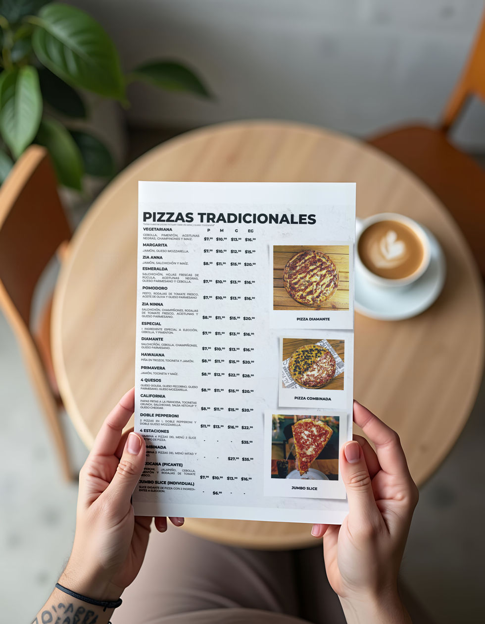 Menu, elegant, minimalist, single-page restaurant menu, full colour.