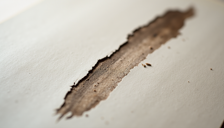 Eye-level view of a textured handmade paper with natural ink brush strokes