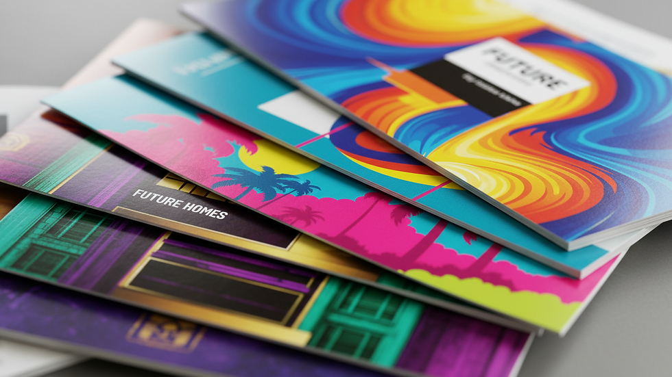 Close-up view of printed brochures with vibrant colours and glossy finish
