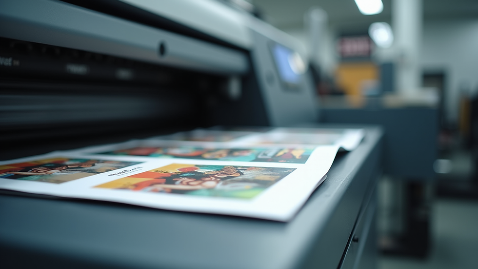 Close-up view of a printing press producing colourful brochures