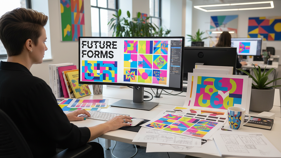 Eye-level view of a designer working on print layouts on a computer