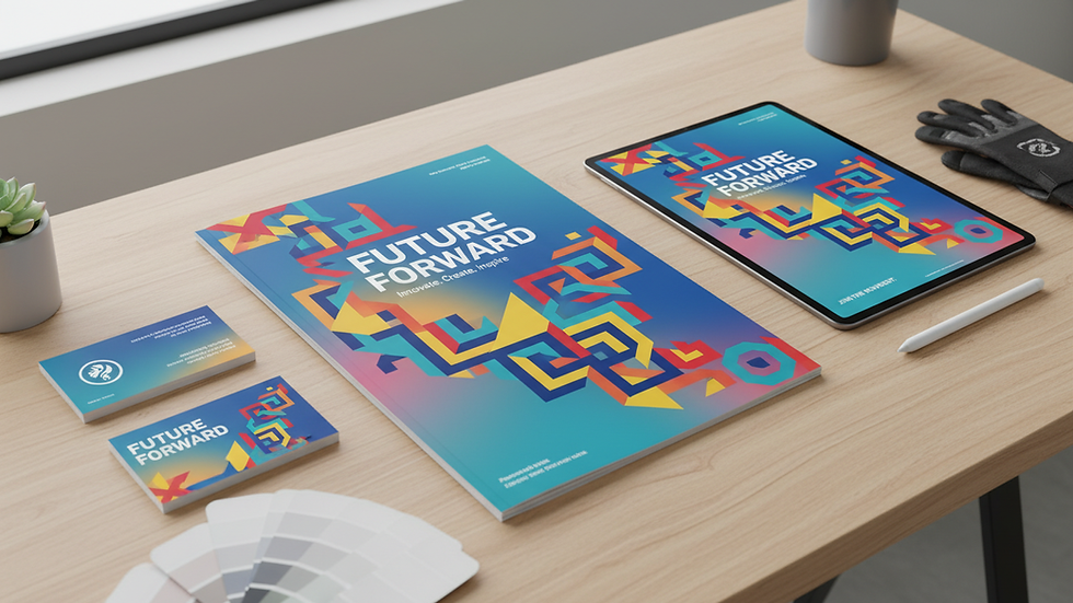 Close-up view of a professional print design layout on a desk