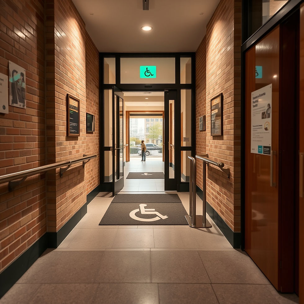 Hallway with brick walls, handrails, and wheelchair signs. Open doorway shows a person in the distance. Green exit sign above.