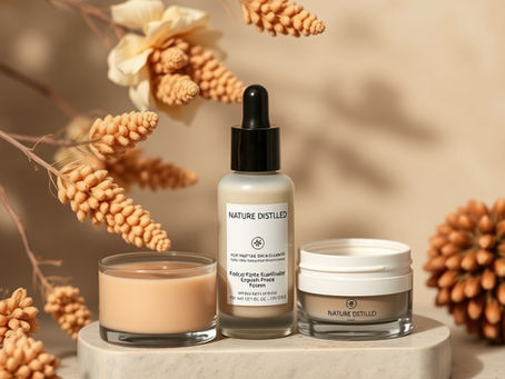 Skincare products on a beige surface, surrounded by dried flowers and soybeans. Bottles labeled "Nature Distilled." Warm, natural setting.