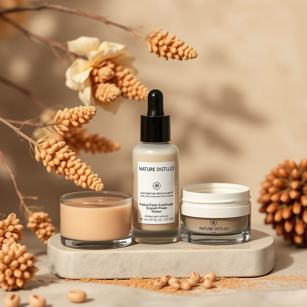Skincare products on a beige surface, surrounded by dried flowers and soybeans. Bottles labeled "Nature Distilled." Warm, natural setting.