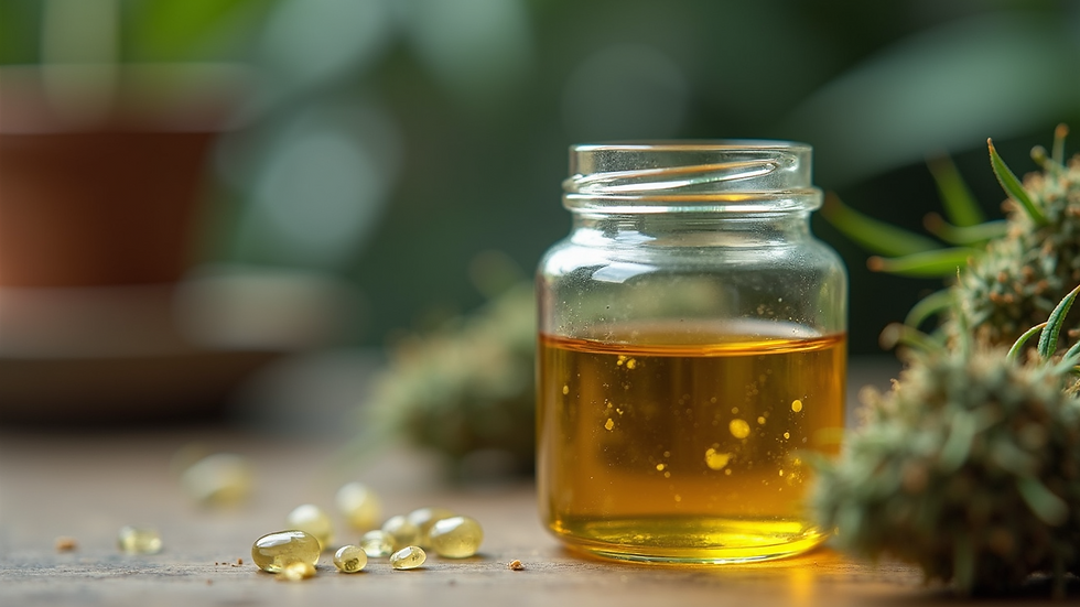 Eye-level view of a small glass jar filled with cannabis oil tincture
