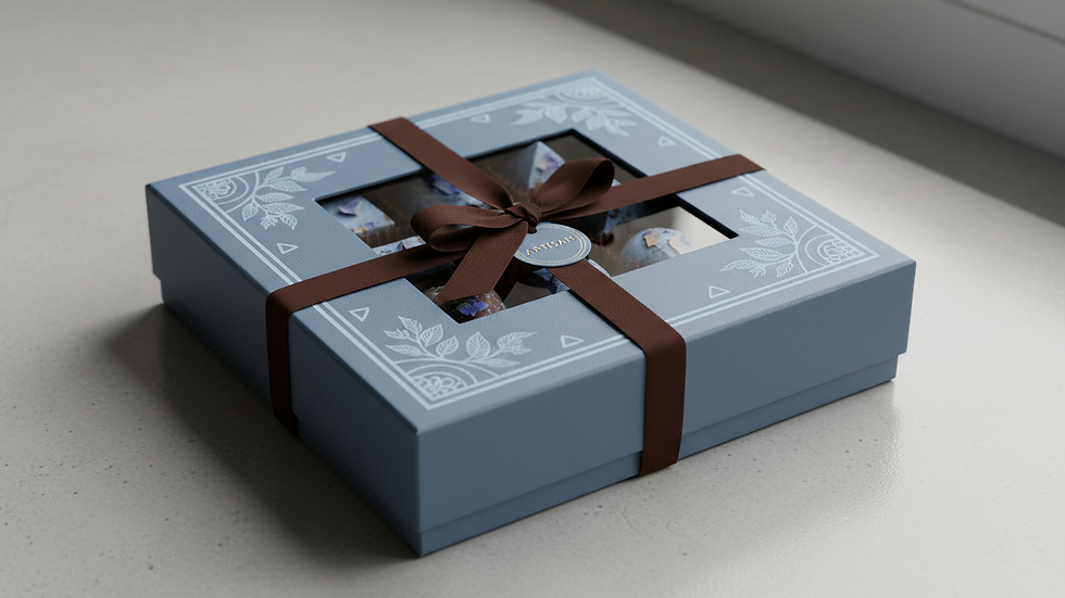 Close-up view of a luxury chocolate box with botanical decorations