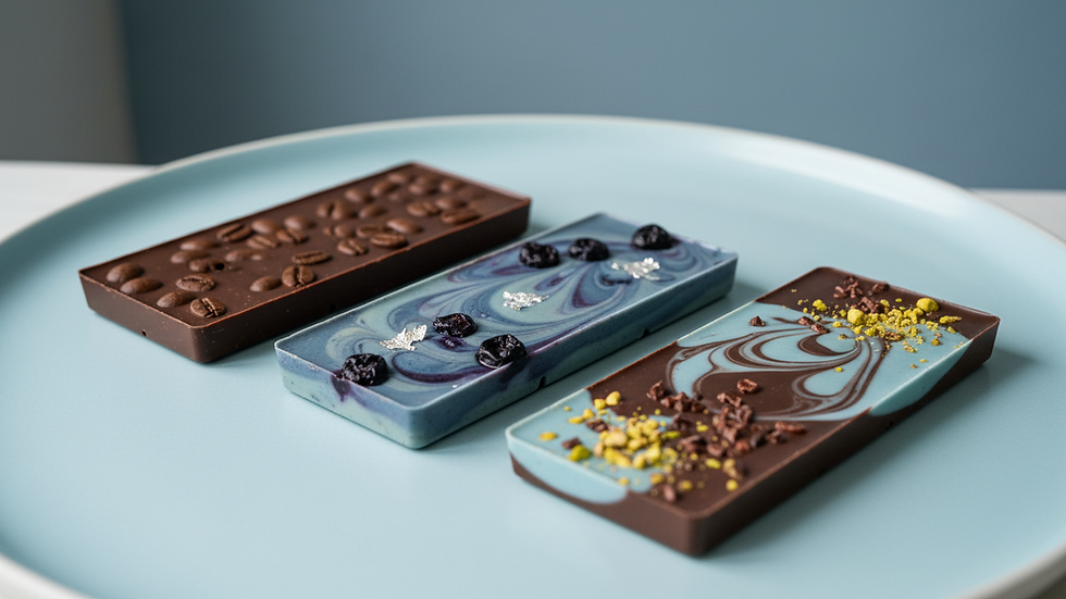 Close-up view of artisanal chocolate bars with natural ingredients