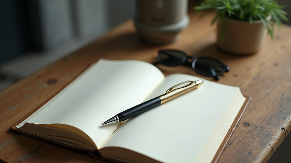 High angle view of a journal and pen next to a small cannabis vaporizer