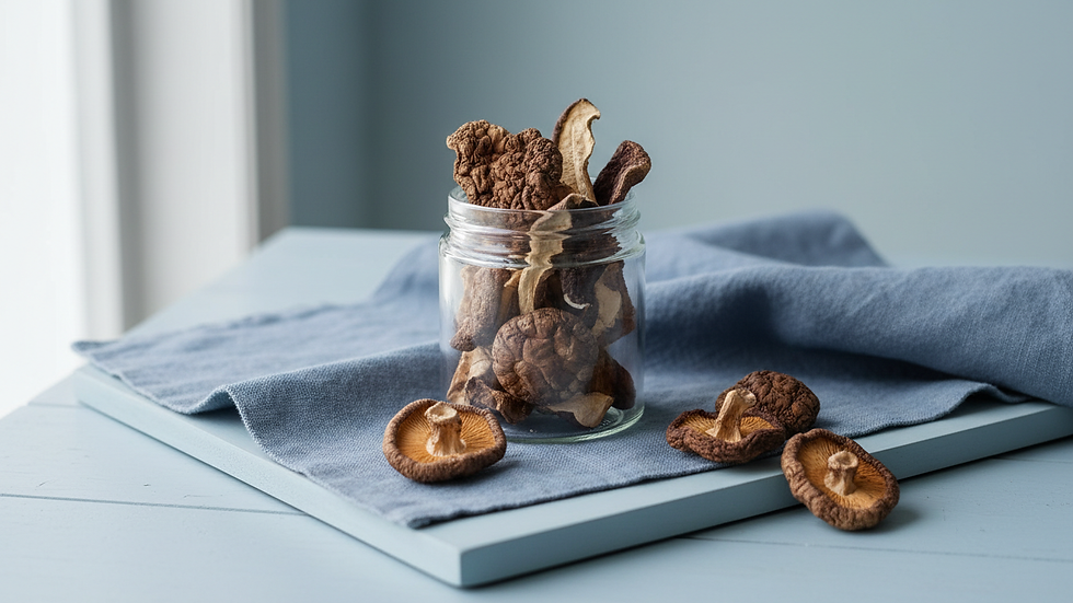 Eye-level view of a small glass jar with dried mushrooms on a natural linen cloth