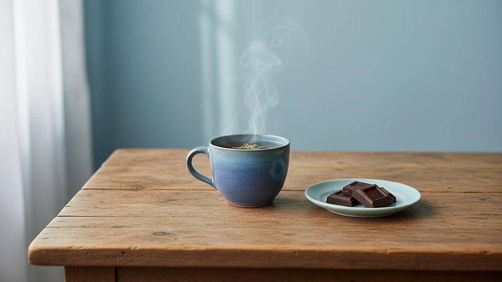 Eye-level view of a rustic wooden table with a cup of herbal tea and a small plate of chocolate squares