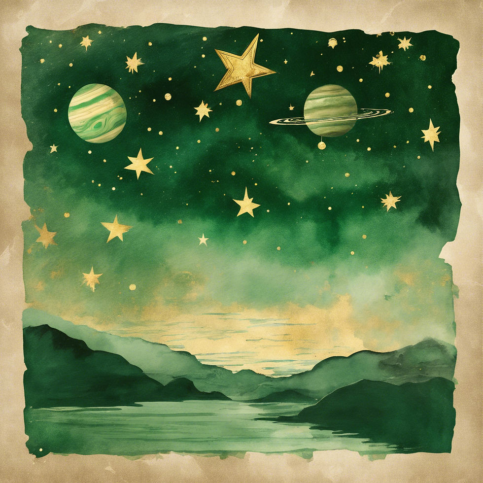 This is an illustration of the night sky and a couple of planets in green and gold watercolor to align with Alchemy and Art's custom blog imagery.