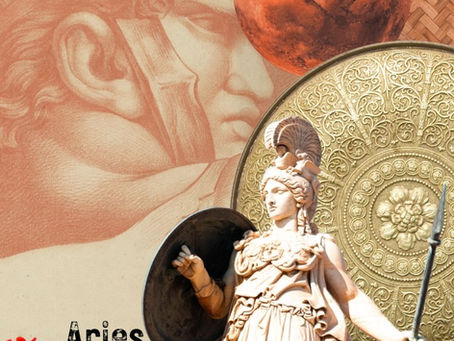 Aries Collage Art with Aries and his shield layered over Mars and a bronze shield in a field of poppies. 