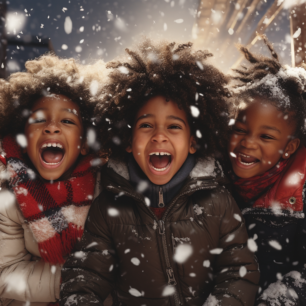 Three melanin children laughing in the midst of the storm