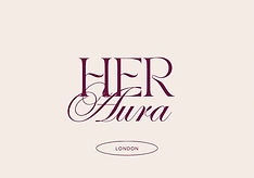 Her Aura London logo with a soft beige background and elegant serif typography, reflecting a modern, refined brand identity.