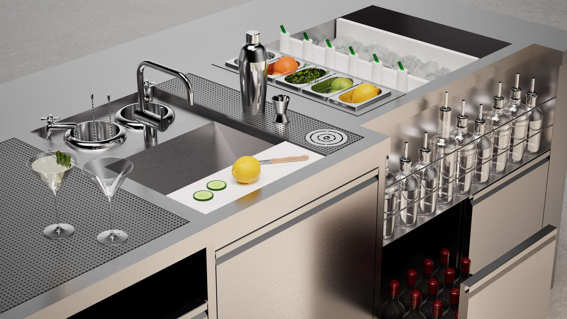 Cocktail station with ice well and sink